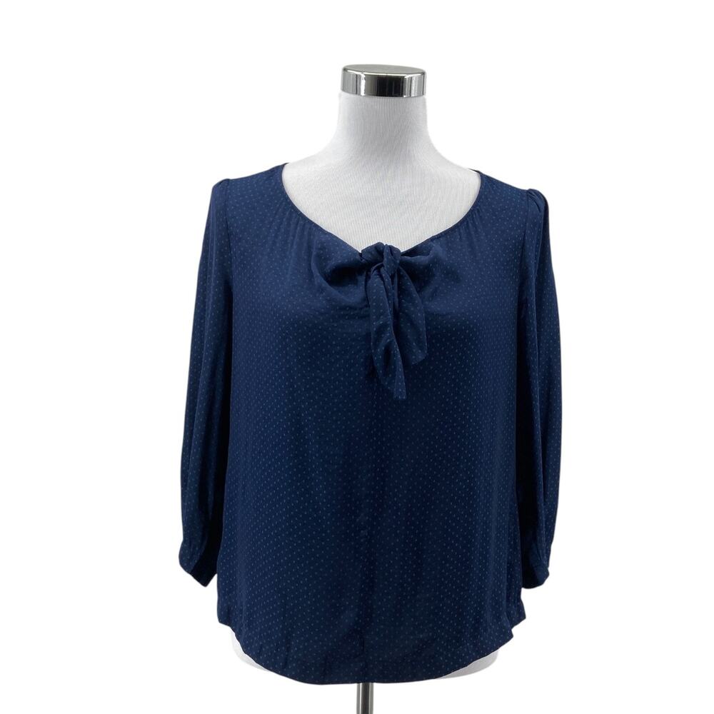 Cabi Blue Polka Dot Blouse Small Women's 3/4 Sleeve Tie Neck Flowy Boho Top